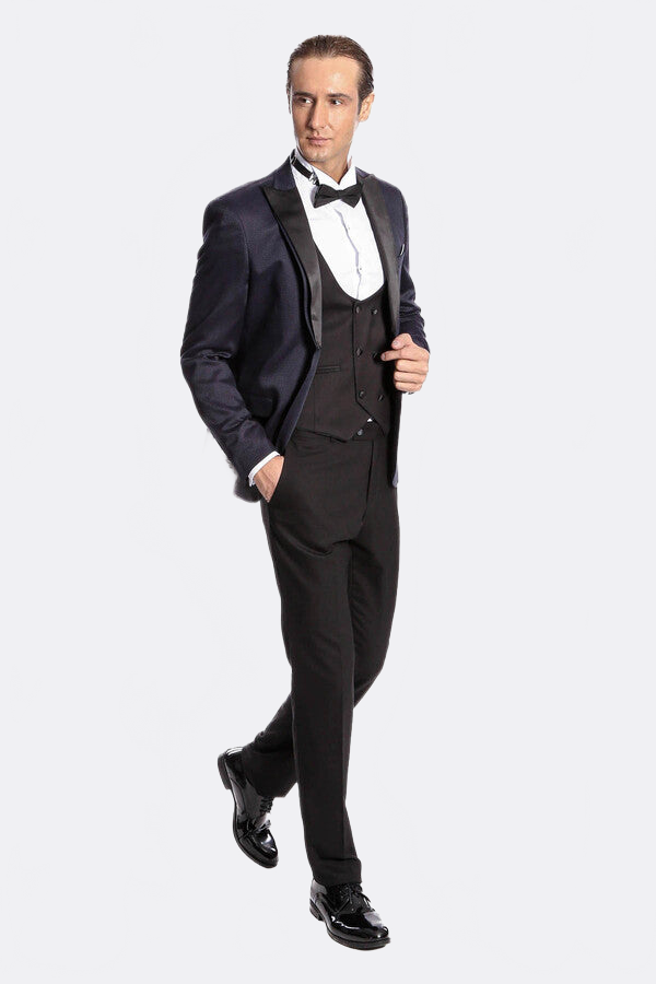 Patterned Combined Navy Blue Men Tuxedo - Wessi