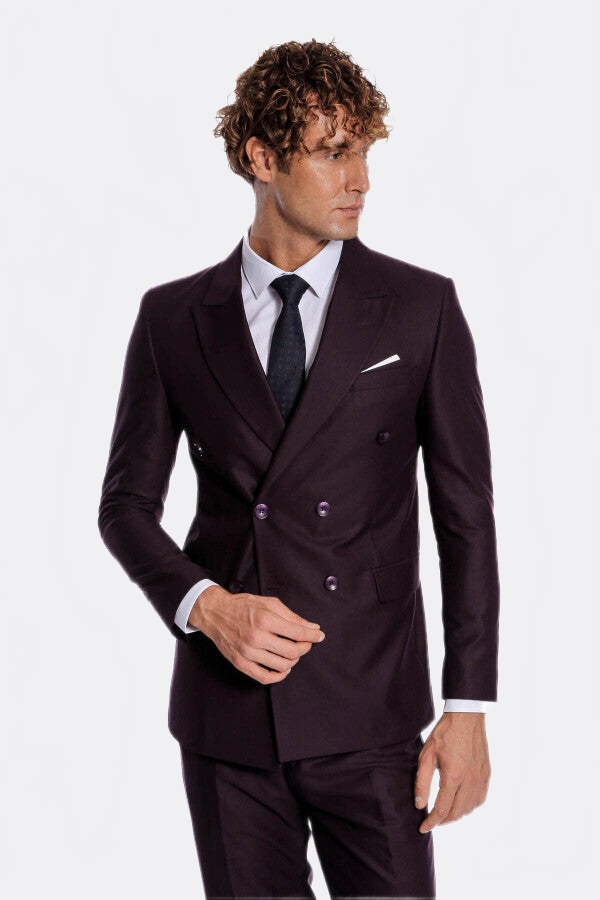 Double Breasted Plain Wide Lapel Purple Men Suit - Wessi
