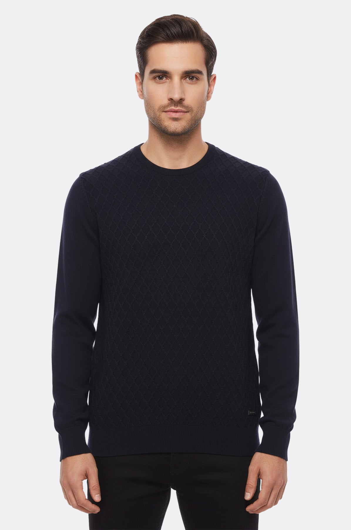Diamond Pattern Circle Neck Navy Sweater - Wessi