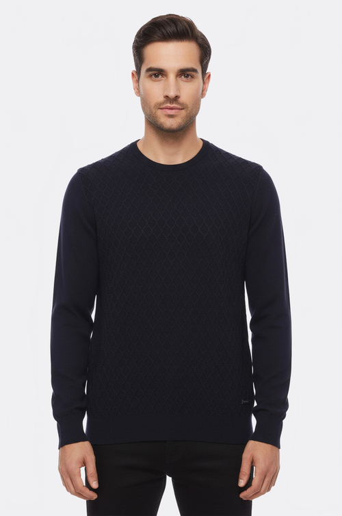 Diamond Pattern Circle Neck Navy Sweater - Wessi