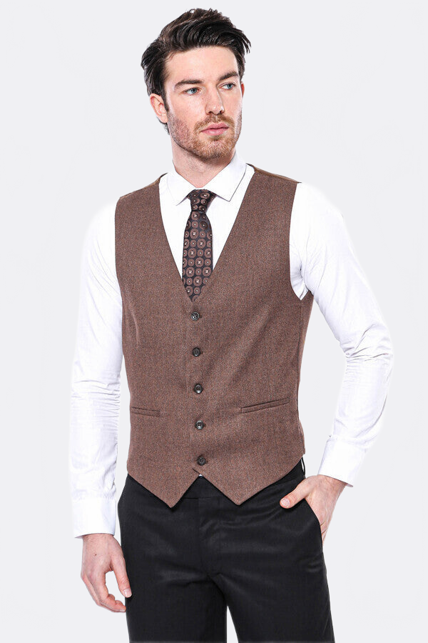V Neck Tan Men Vest - Wessi