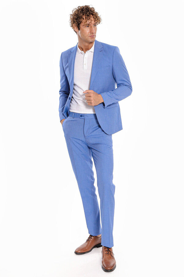 Patterned 2 Piece Slim Fit Light Blue Men Suit - Wessi