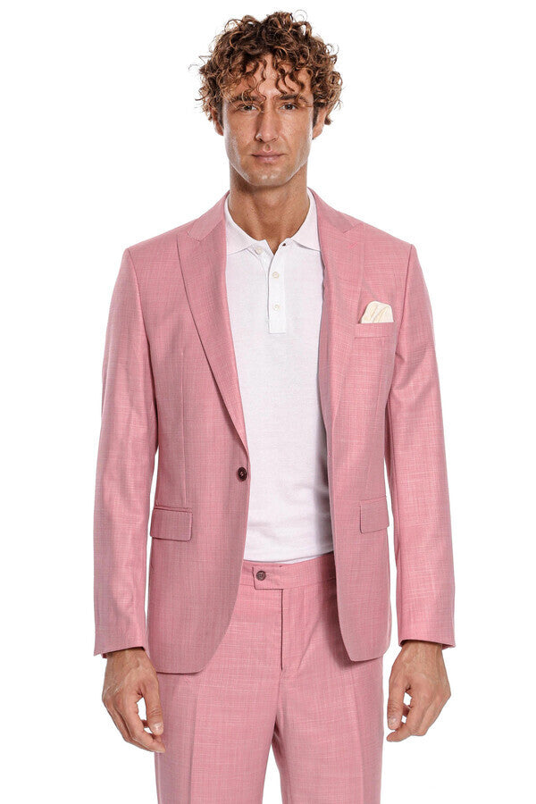 Patterned 2 Piece Slim Fit Pink Men Suit - Wessi
