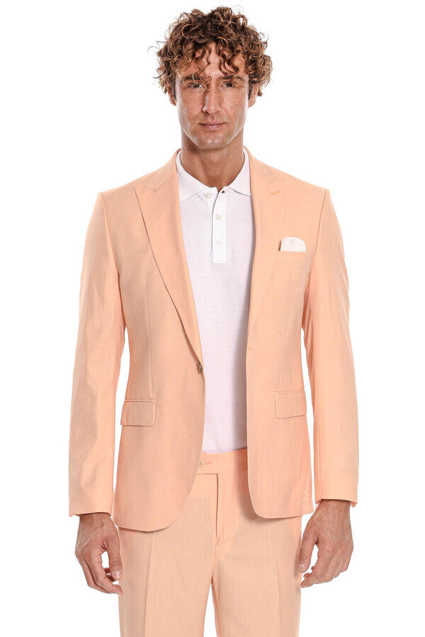Patterned 2 Piece Slim Fit Yellow Men Suit - Wessi