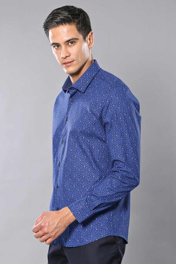Patterned Blue Long Sleeve Shirt | Wessi