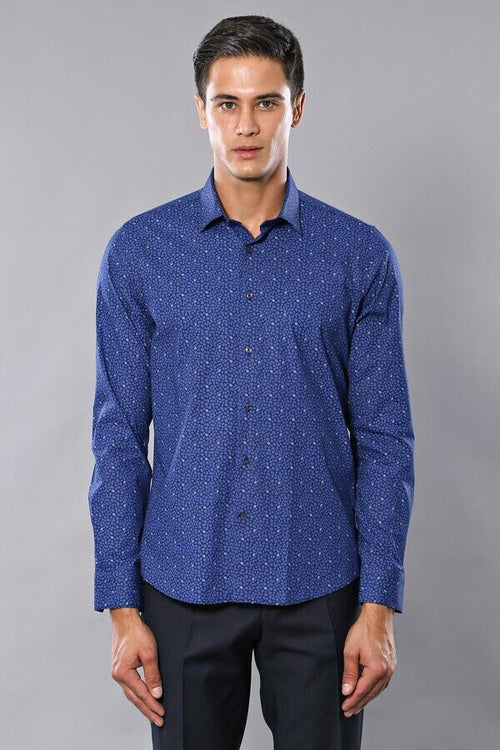 Patterned Blue Long Sleeve Shirt | Wessi