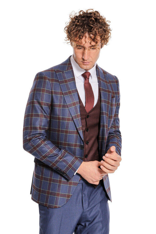 Patterned Checked Slim Fit Blue Men Suit - Wessi