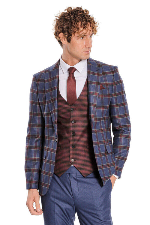 Patterned Checked Slim Fit Blue Men Suit - Wessi