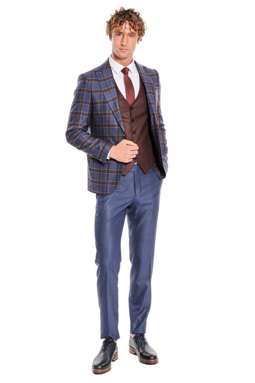 Patterned Checked Slim Fit Blue Men Suit - Wessi