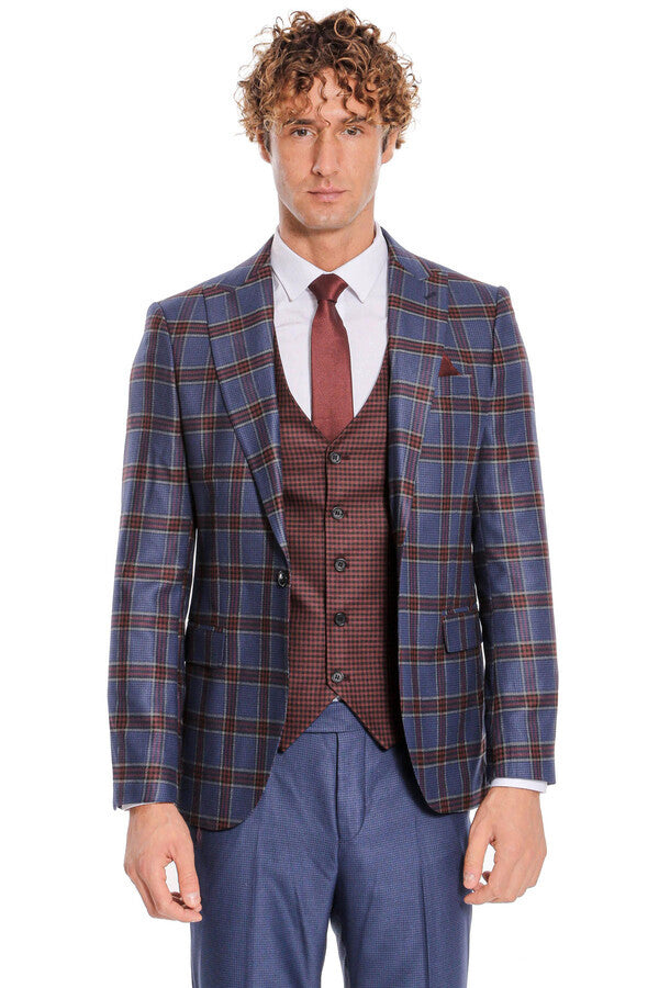 Patterned Checked Slim Fit Blue Men Suit - Wessi