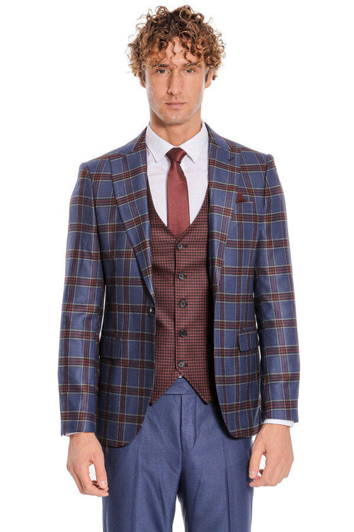 Patterned Checked Slim Fit Blue Men Suit - Wessi