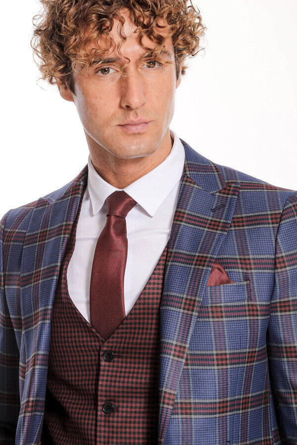 Patterned Checked Slim Fit Blue Men Suit - Wessi
