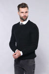 Patterned Circle Neck Black Sweater - Wessi