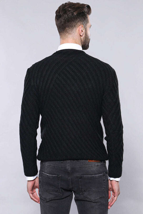 Patterned Circle Neck Black Sweater - Wessi