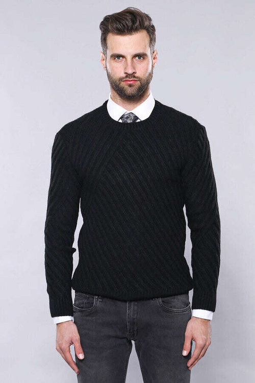 Patterned Circle Neck Black Sweater - Wessi