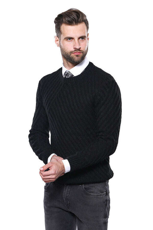 Patterned Circle Neck Black Sweater - Wessi