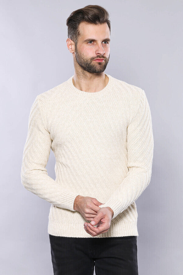 Patterned Circle Neck Cream Sweater | Wessi