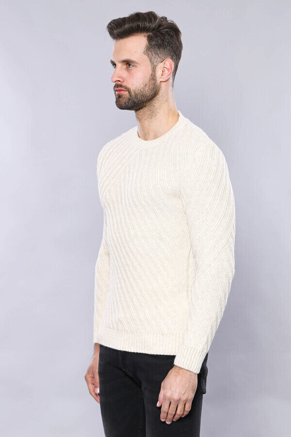 Patterned Circle Neck Cream Sweater | Wessi