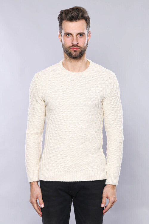 Patterned Circle Neck Cream Sweater | Wessi