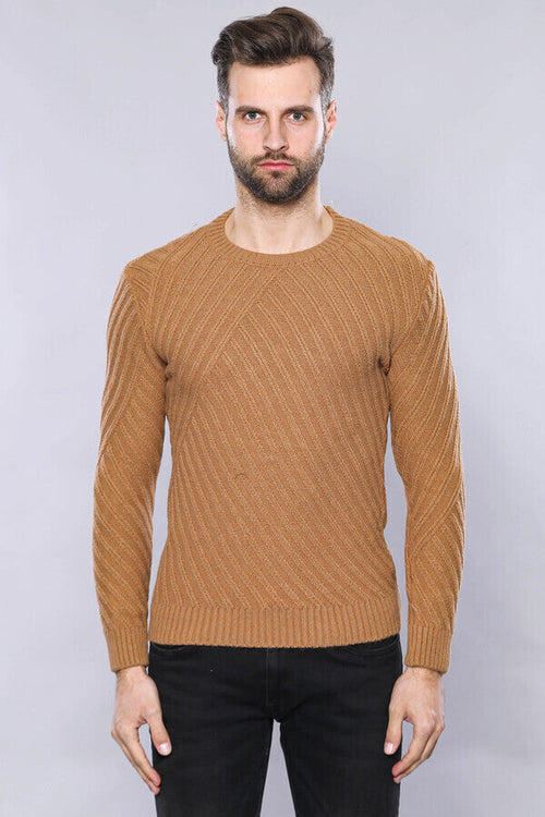 Patterned Circle Neck Tawny Sweater | Wessi
