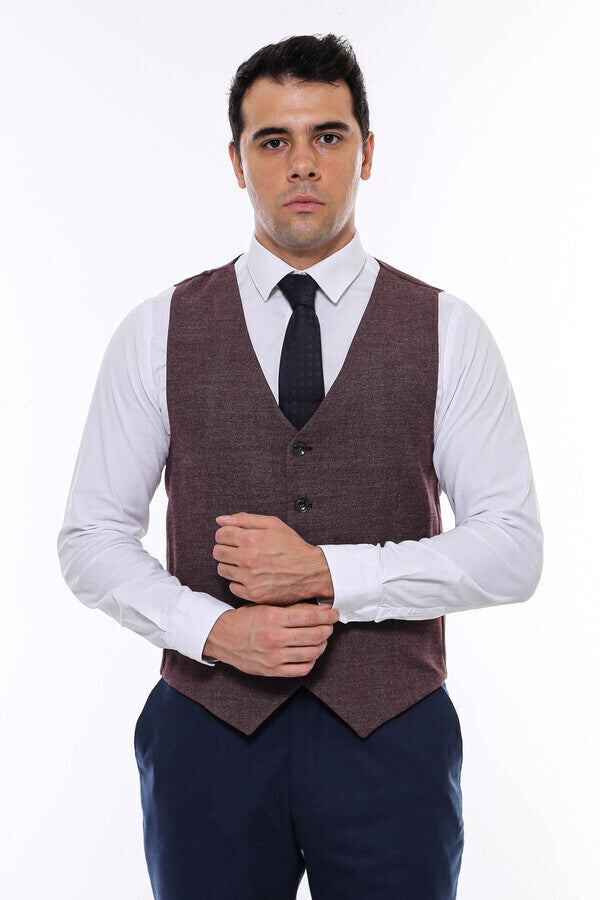 Patterned Dark Brown V Neck Vest - Wessi