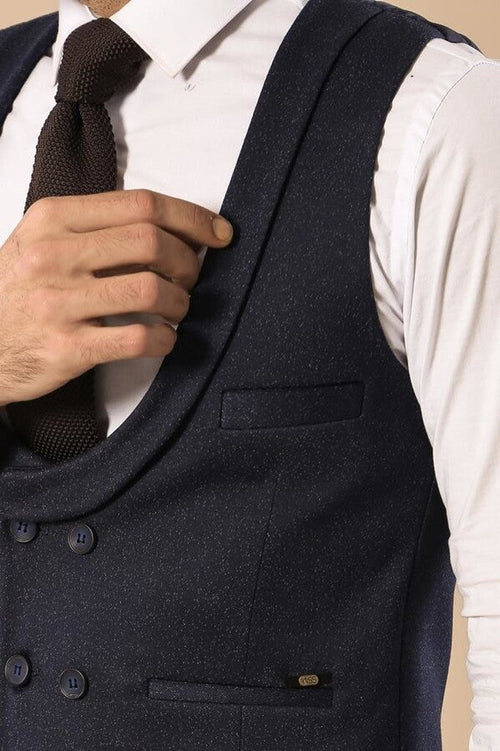 Patterned Double Breasted Dark Navy Men Vest Trousers Set - Wessi