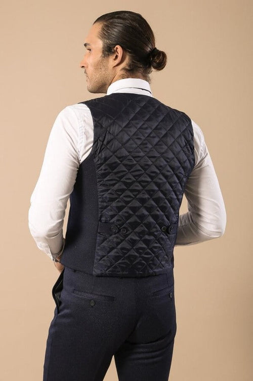 Patterned Double Breasted Dark Navy Men Vest Trousers Set - Wessi