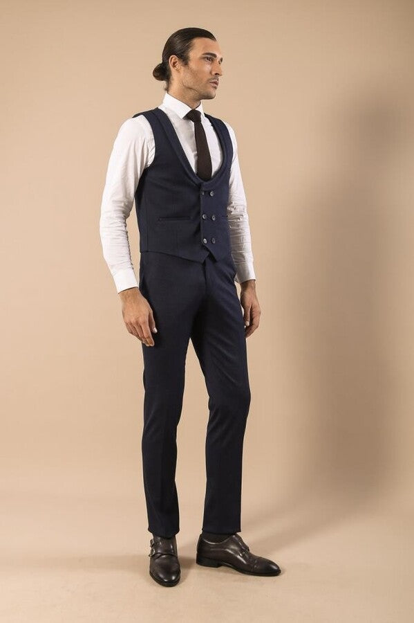 Patterned Double Breasted Dark Navy Men Vest Trousers Set - Wessi