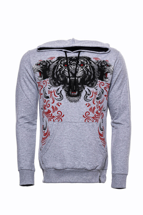 Patterned Hooded Silver Grey Sweatshirt - Wessi