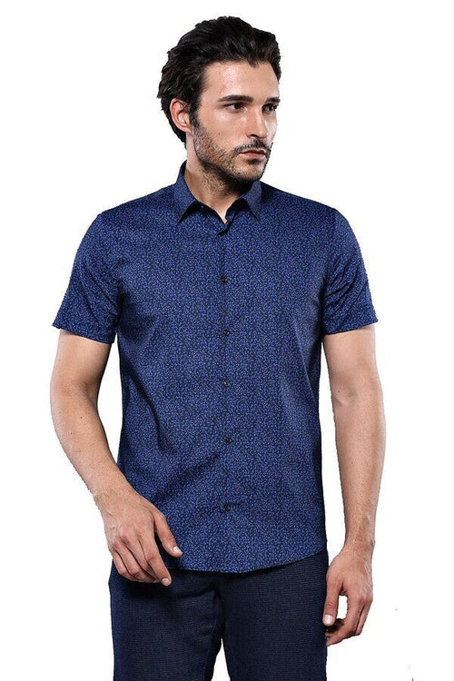 Patterned Short Sleeves Navy Blue Men Shirt - Wessi