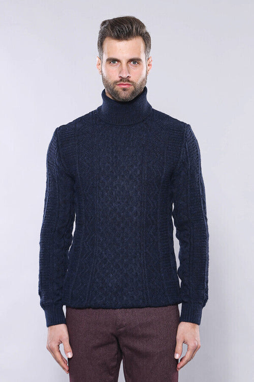 Patterned Turtleneck Navy Knitwear - Wessi