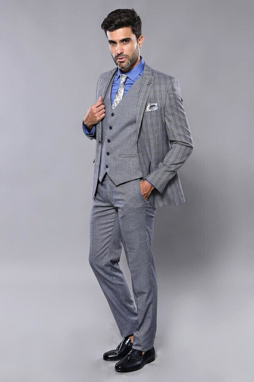 Plaid Navy Slim-Fit Vested Suit | Wessi
