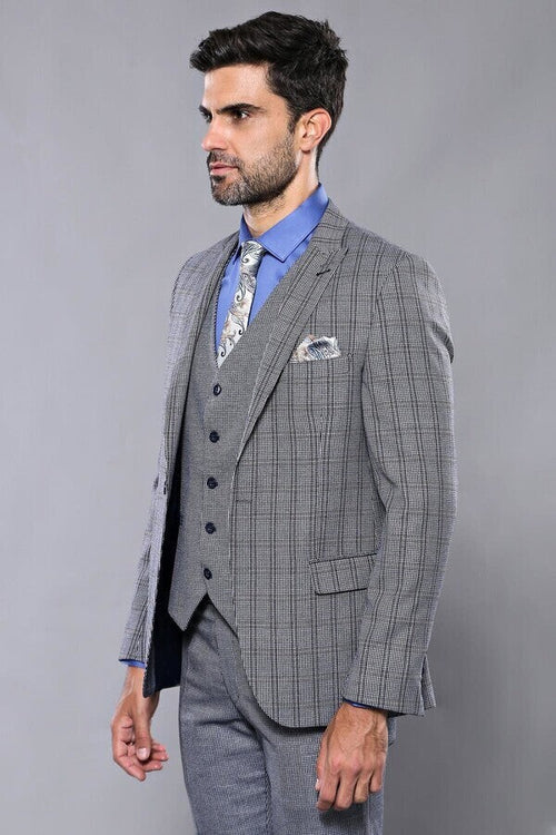 Plaid Navy Slim-Fit Vested Suit | Wessi