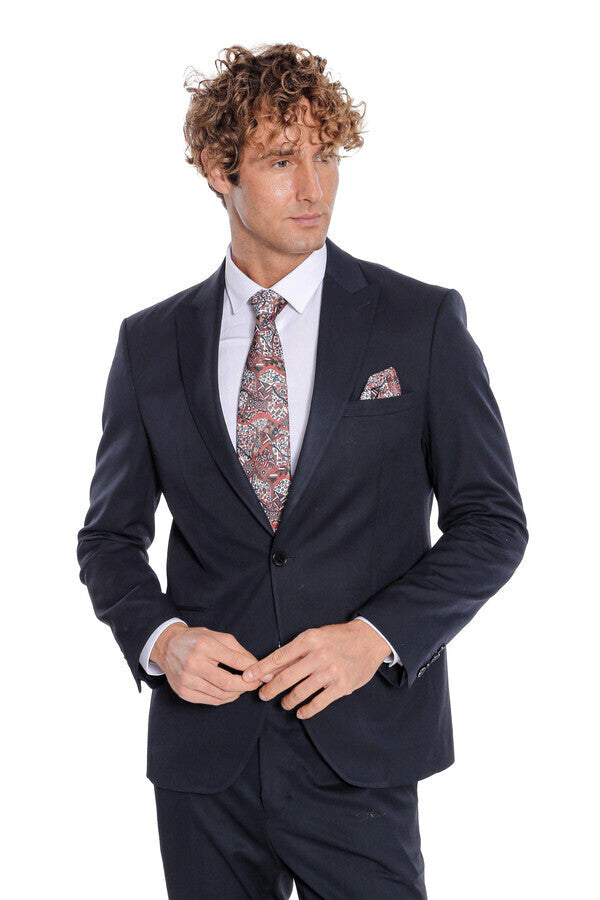 Plain 2 Piece Slim Fit Dark Blue Men Suit - Wessi