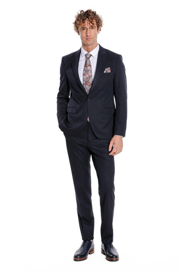 Plain 2 Piece Slim Fit Dark Blue Men Suit - Wessi