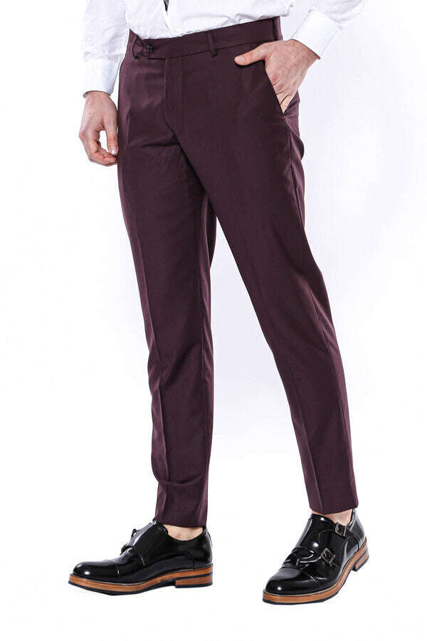 Plain Burgundy Men Trousers - Wessi