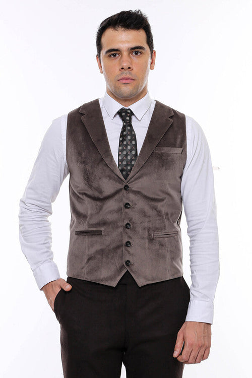 Plain Collared Brown Men Vest - Wessi