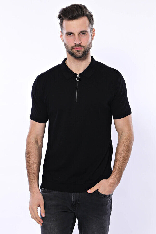 Polo Neck Plain Black Knitted T-Shirt - Wessi