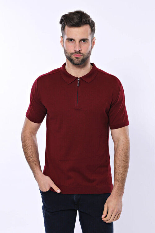 Polo Neck Plain Claret Red Knitted T-Shirt - Wessi