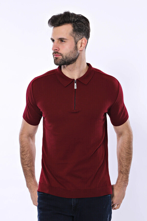 Polo Neck Plain Claret Red Knitted T-Shirt - Wessi