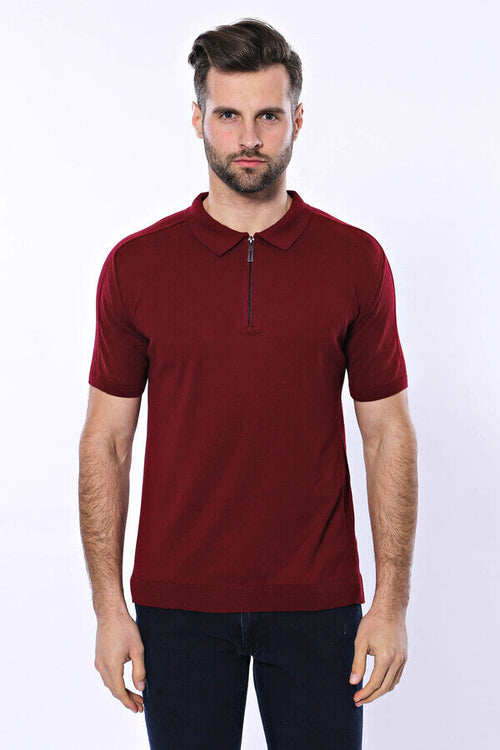 Polo Neck Plain Claret Red Knitted T-Shirt - Wessi