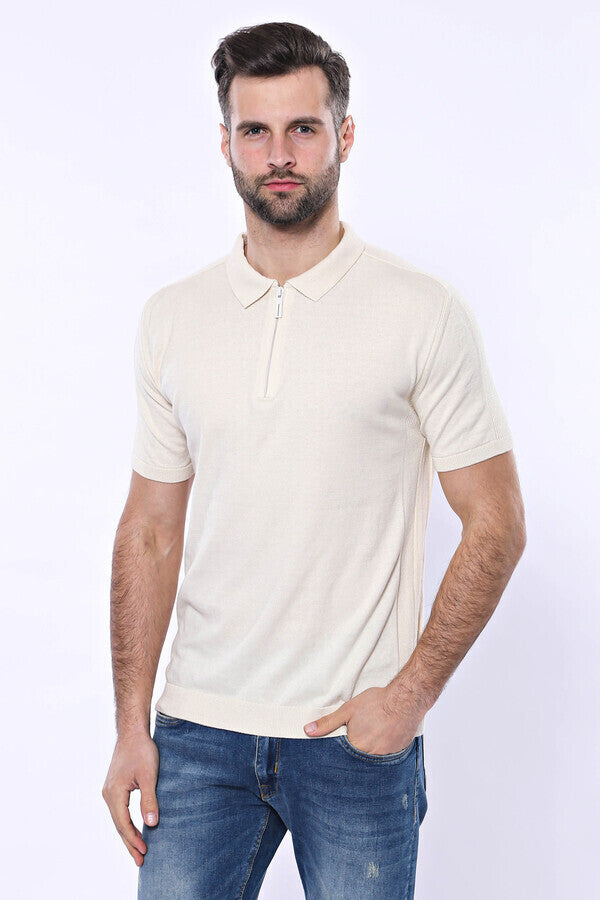 Polo Neck Plain Cream Knitted T-Shirt - Wessi