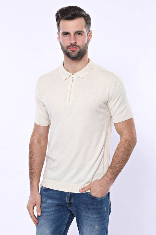 Polo Neck Plain Cream Knitted T-Shirt - Wessi