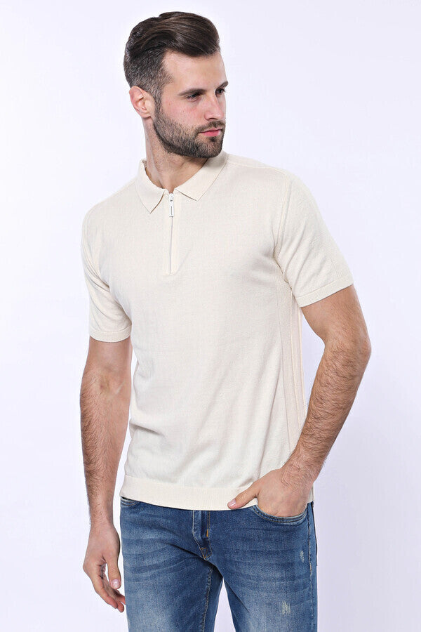 Polo Neck Plain Cream Knitted T-Shirt - Wessi