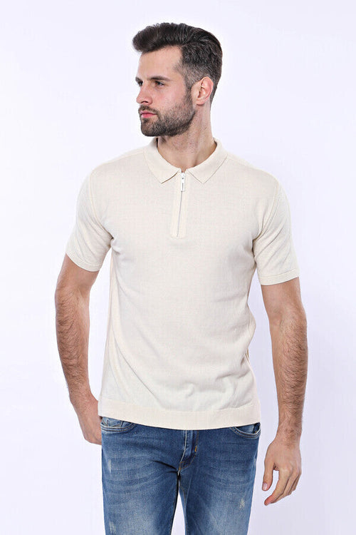 Polo Neck Plain Cream Knitted T-Shirt - Wessi