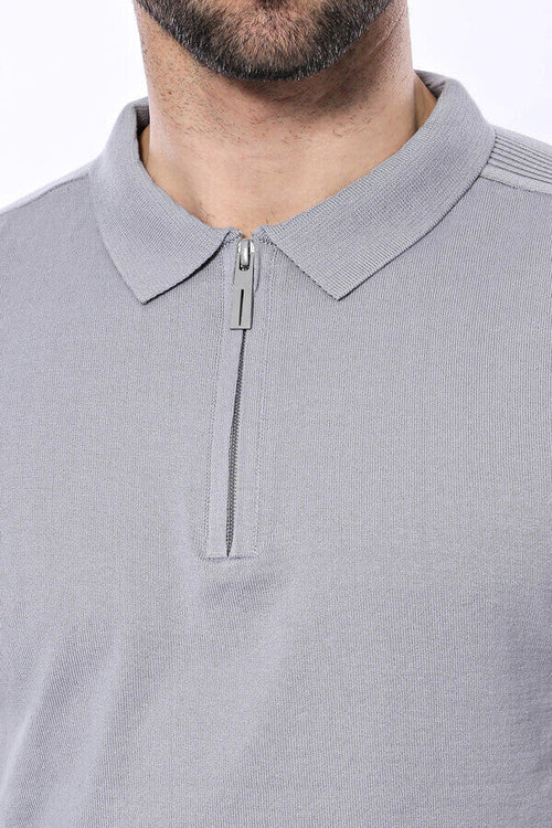 Polo Neck Plain Grey Knitted T-Shirt - Wessi