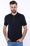 Polo Neck Plain Navy Knitted Blue Men T-Shirt - Wessi