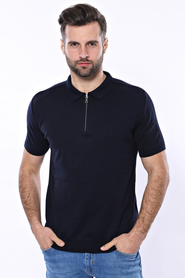Polo Neck Plain Navy Knitted Blue Men T-Shirt - Wessi