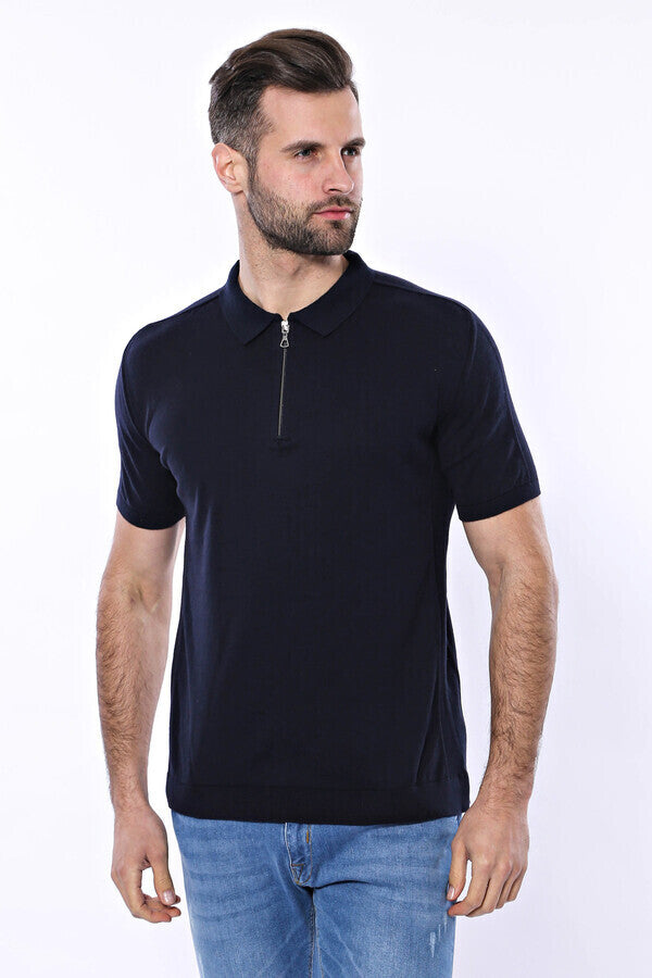 Polo Neck Plain Navy Knitted Blue Men T-Shirt - Wessi
