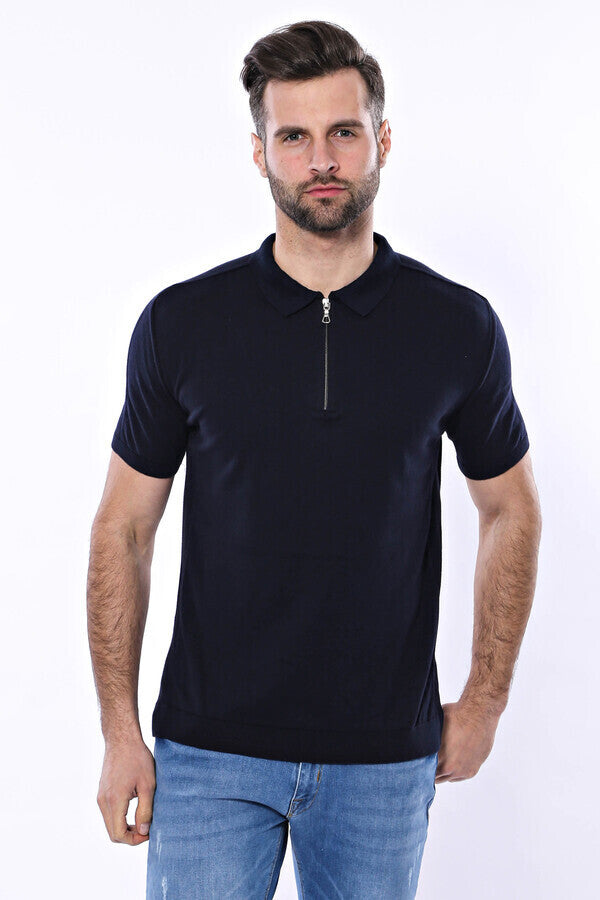 Polo Neck Plain Navy Knitted Blue Men T-Shirt - Wessi